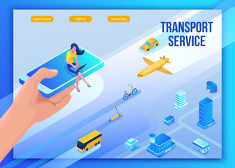 Mobile transportation online service landing page template, travel booking app concept with 3d isometric vector flat icons of smartphone, airplane, bus, electric scooter, girl searching in internet