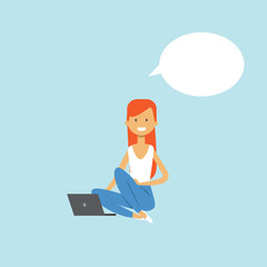 Wall Mural - red hair woman using laptop sitting chat bubble female character full length on blue background flat vector illustration