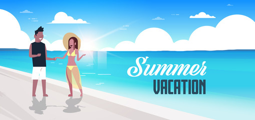 Wall Mural - couple man woman sunrise beach summer vacation mix race smiling walking seaside sea ocean flat horizontal banner vector illustration