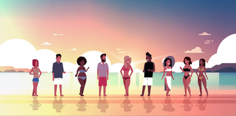 Wall Mural - mix race people group on sunset beach seaside vacation summer holiday horizontal flat vector illustration