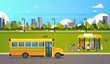 Group pupils children waiting yellow school bus station transport concept on cityscape background flat horizontal vector illustration