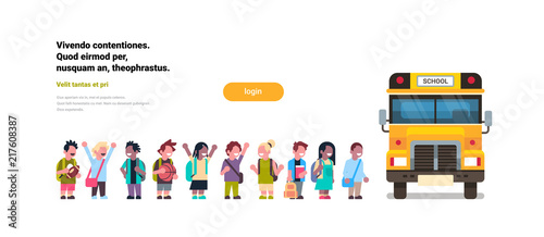 Cuadros en Lienzo Group pupils children go in yellow school bus transport concept on white backgro