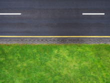 Highway Background, Roadside Top View. Road View From Above, Black Asphalt, White Dividing Strip, Yellow Stripe. Green Roadside Lawn, A Pedestrian Cobbled Path