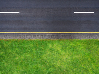 Highway background, roadside top view. Road view from above, black asphalt, white dividing strip, yellow stripe. Green roadside lawn, a pedestrian cobbled path