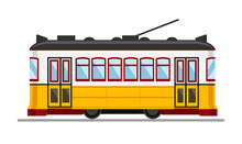 Famous Vintage Yellow 28 Tram In Lisbon, Portugal. Vector Simple Flat Illustration.