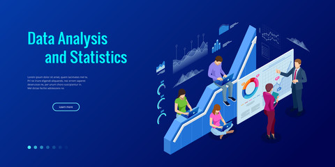 Poster - Isometric web banner Data Analysis and Statistics concept. Vector illustration business analytics, Data visualization. Technology, Internet and network concept. Data and investments.