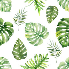 Watercolor hand painted seamless pattern of tropical leaves and  flowers.