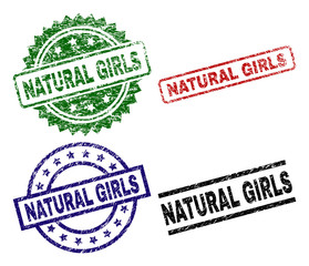 Sticker - NATURAL GIRLS seal imprints with corroded texture. Black, green,red,blue vector rubber prints of NATURAL GIRLS text with corroded texture. Rubber seals with circle, rectangle, medallion shapes.