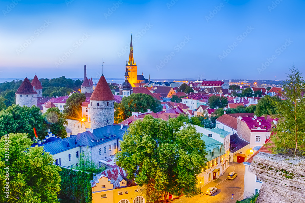 Obraz na płótnie Travel Concepts.Historic Tallin City Center. Picture Made from Toompea Hill During Blue Hour. w salonie