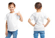 © New Africa - Front and back views of little girl in blank t-shirt on white background. Mockup for design