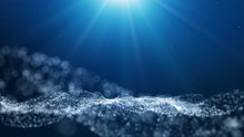 Dark Blue Background With Floating Blue Bubbles And Sparkling Light From The Top.