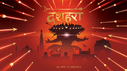 vector illustration of Lord Rama killing Ravana in Happy Dussehra Navratri poster festival of India. translation : dussehra