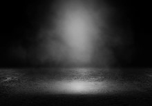 Background Of An Empty Dark Room. Empty Walls, Lights, Smoke, Glow, Rays