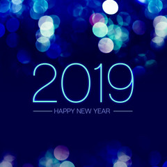 Poster - Happy new year 2019 with blue bokeh light sparkling on dark blue purple background,Holiday greeting card.