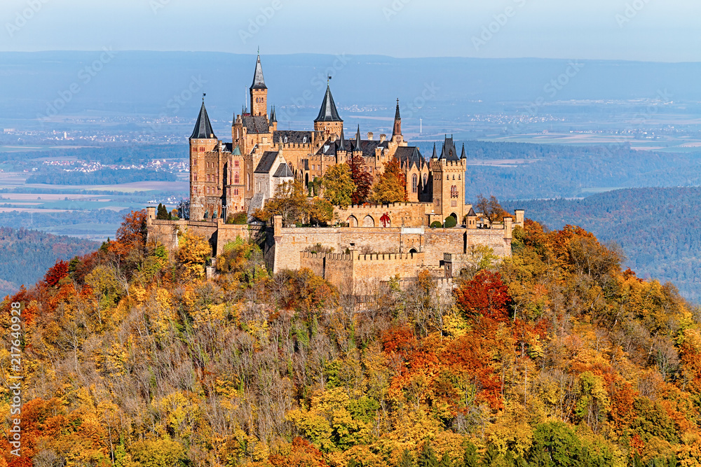 View of Hohenzollern Castle in the Swabian Alps - Baden-Wurttemberg at autumn, Germany. - obrazy, fototapety, plakaty 