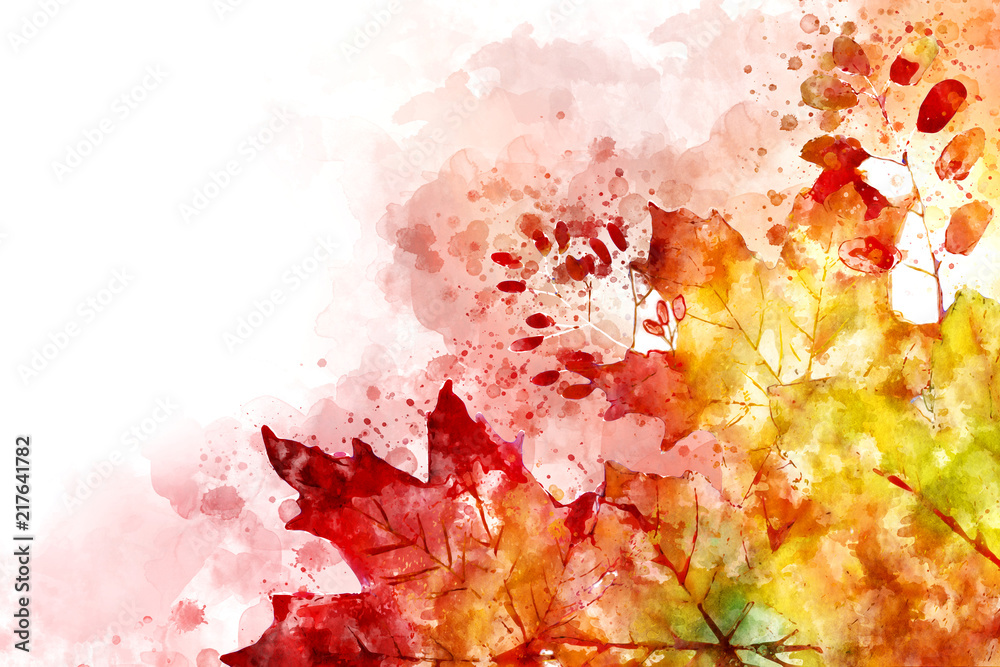 Illustration of fall image. Autumn background with yellow and red maple leaves. Digital watercolor painting. - obrazy, fototapety, plakaty 