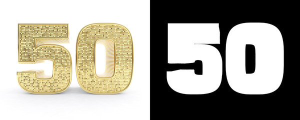 Golden number fifty (number 50) on white background with drop shadow and alpha channel. 3D illustration