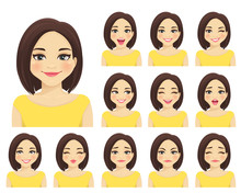 Woman With Different Facial Expressions Set Isolated