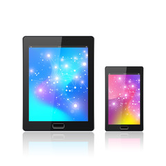 Aufkleber - Modern digital tablet PC with mobile smartphone isolated on the white. Abstract fluid 3d shapes vector trendy liquid colors backgrounds. Colored fluid graphic composition.