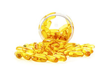 Omega 3 Capsules From Fish Oil On White Background. Vitamin D.