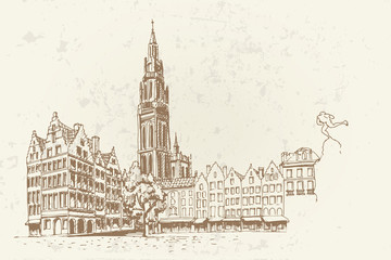 Wall Mural - PVector sketch of  Famous fountain with Statue of Brabo in Grote Markt square in Antwerpen, Belgium.