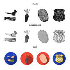 Wall Mural - Robbery attack, fingerprint, police officer badge, pickpockets.Crime set collection icons in black, flat, monochrome style vector symbol stock illustration web.