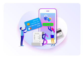 Poster - Online payment. Pay on mobile. Flat cartoon miniature. background presentation. Vector illustration.