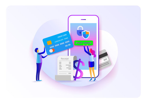 Online payment. Pay on mobile. Flat cartoon miniature. background presentation. Vector illustration.
