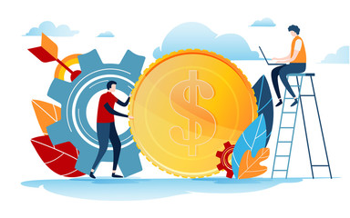 Wall Mural - The investor holds money. Financing creative idea. Success concept. Businessman with big gold coin. Start up project. Flat cartoon miniature character. Vector illustration design on white background.