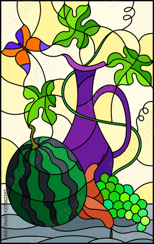 ilustracja-w-stylu-witrazu-z-martwa-natura-owoce-jagody-i-dzban