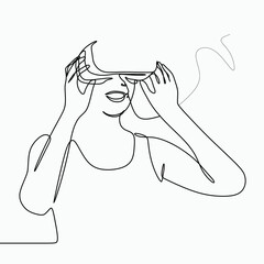 one line continuous drawing girl and girl in glasses device virtual reality