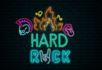 Wall Mural - Hard rock colorful signboard on black realistic bricklaying wall.