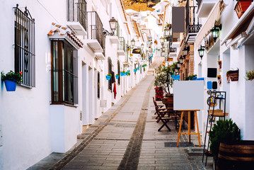 Canvas Print - Charming whitewashed street of Mijas village. Costa del Sol. Spain