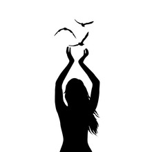 Abstract Illustration Of A Woman Silhouette With Birds Flying From Her Hands