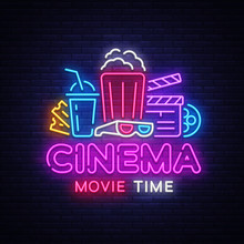 Movie Time Neon Logo Vector. Cinema Night Neon Sign, Design Template, Modern Trend Design, Night Neon Signboard, Night Light Advertising, Light Banner, Light Art. Vector Illustration