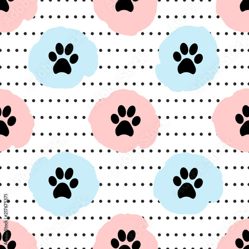 Plakat Seamless patterns with black animal footprints, circles, pink and blue spots.
