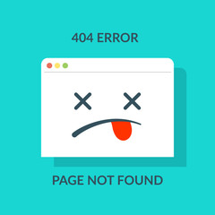 404 error. Concept of page not found or web site under construction or maintenance like browser with dead emoji. Cartoon flat minimal trend modern simple logo graphic design.
