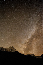 Sky Full Of Stars And Milky Way. Nightime Scene With Himalayan Mountains And Starry Sky At In Nepal, Manaslu, Himalayas. Night Landscape With Bright Milky Way. Snowy Mountains At Night.
