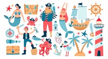 Collection Of Adorable Pirates, Sail Ship, Mermaids, Sea Fish And Underwater Creatures, Treasure Chest, Lighthouse Isolated On White Background. Childish Vector Illustration In Flat Cartoon Style.