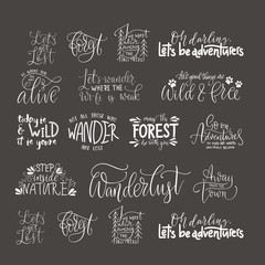 Wall Mural - Big collection of adventure, outdoors and travel vector quotes. Nature and forest calligraphy collection.