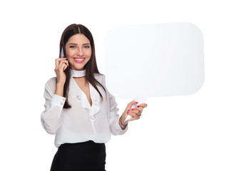 Wall Mural - businesswoman talking on the phone while holding a speech bubble