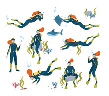 Collection Of Gorgeous Redhead Female Scuba Diver Swimming In Sea With Fish And Underwater Animals. Bundle Of Beautiful Woman Diving In Ocean. Colorful Vector Illustration In Flat Cartoon Style.