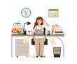 © Good Studio - Busy female office worker or clerk sitting at desk completely covered with documents. Woman working at laptop overtime on day before deadline. Colorful vector illustration in flat cartoon style.