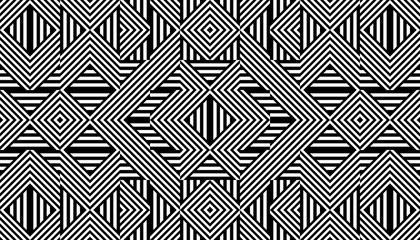 Seamless pattern with striped black white straight lines and diagonal inclined lines (zigzag, chevron). Optical illusion effect, op art. Background for cloth, fabric, textile, tartan.