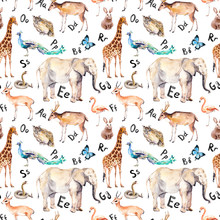 Alphabet Letters, Wild Animals, Birds. Childish Seamless Pattern. Zoo Watercolor