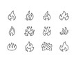 Fire flat line icons. Flame shapes silhouette, bonfire vector illustration, flammable warning sign.