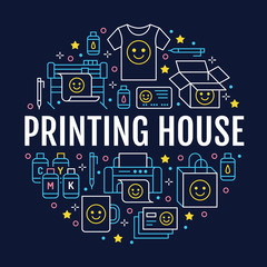 Poster - Printing house circle poster with flat line icons. Print shop equipment - printer, scanner, offset machine, plotter, brochure, cmyk, rubber stamp. Polygraphy office signs, typography.