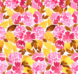 Sticker - Seamless watercolor floral pattern. Dahlia flowers painting in pink and orange