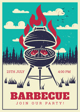 Vintage Bbq Grill Party Poster. Delicious Grilled Burgers, Family Barbecue Vector Invitation Card