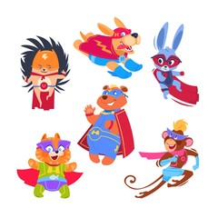 Canvas Print - Superhero animal kids. Funny animals wearing superheroes costumes. Cosplay vector characters set